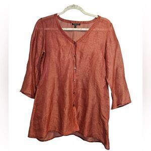 Eileen Fisher Sheer Blouse Silk Linen Blend Button Down V Neck Petite Size PP